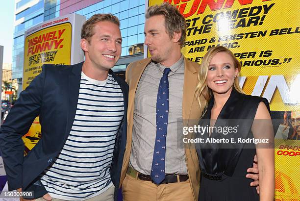 Actors Ryan Hansen, Dax Shepard and Kristen Bell arrive to the premiere of Open Road Films' "Hit and Run" on August 14, 2012 in Los Angeles,...