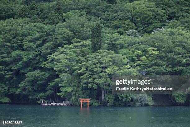 torii gate on lake ashi in hakone, kanagawa, japan - torii gate stock pictures, royalty-free photos & images