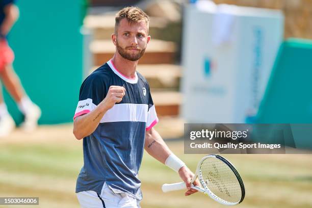 Corentin Moutet of France celebrates a point against Roberto Carballes of Spain in the first-round match during day two of the Mallorca Championships...