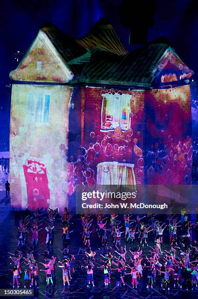 Summer Olympics: Overall view of house and dancers representing British popular culture during "Frankie and June say...thanks Tim" segment at Olympic...