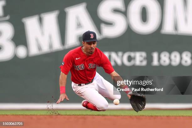 David Hamilton of the Boston Red Sox fields a ground ball during the second inning against the Miami Marlins at Fenway Park on June 27, 2023 in...