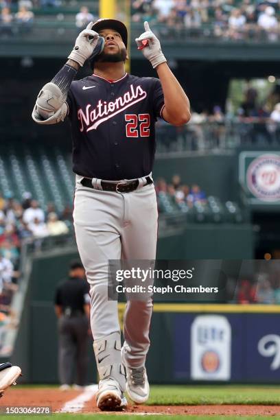 Dominic Smith of the Washington Nationals celebrates his home run against the Seattle Mariners during the second inning at T-Mobile Park on June 26,...