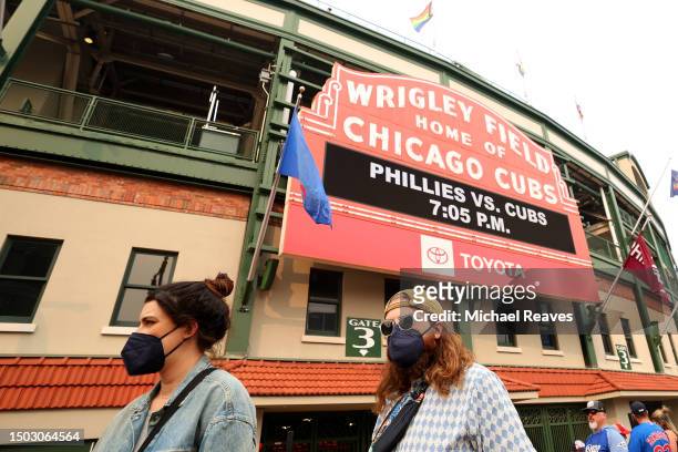 Fans arrive prior to the game between the Chicago Cubs and the Philadelphia Phillies at Wrigley Field on June 27, 2023 in Chicago, Illinois. A air...