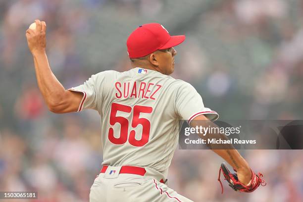 Ranger Suarez of the Philadelphia Phillies delivers a pitch during the first inning against the Chicago Cubs at Wrigley Field on June 27, 2023 in...