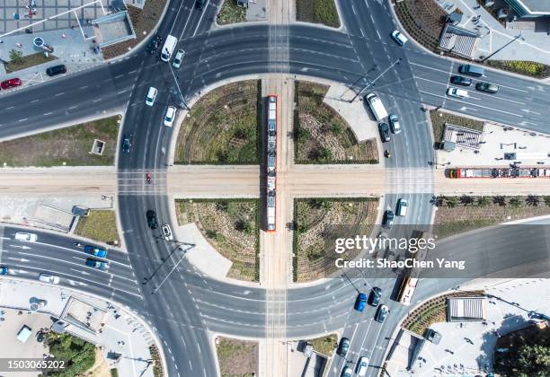 aerial view of traffic roundabout in warsaw - warsaw bus stock pictures, royalty-free photos & images