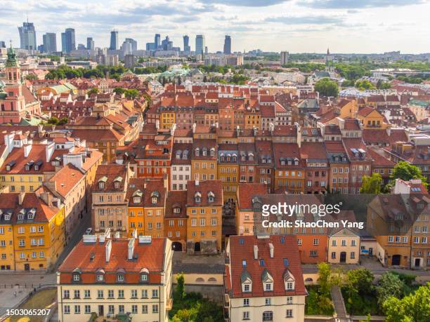elevated view of warsaw old town - warsaw aerial stock pictures, royalty-free photos & images