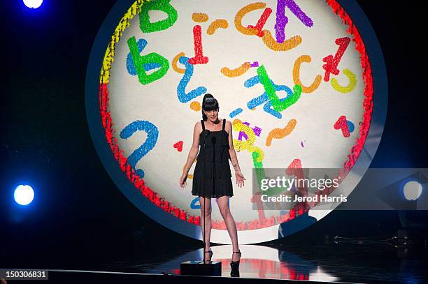 Pauley Perrette speaks onstage at the 'Teachers Rock' benefit event held at Nokia Theatre L.A. Live on August 14, 2012 in Los Angeles, California.