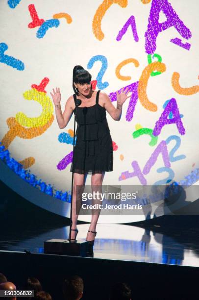 Pauley Perrette speaks onstage at the 'Teachers Rock' benefit event held at Nokia Theatre L.A. Live on August 14, 2012 in Los Angeles, California.