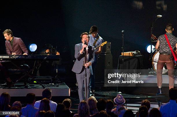 Nate Ruess of fun. Performs onstage at the 'Teachers Rock' benefit event held at Nokia Theatre L.A. Live on August 14, 2012 in Los Angeles,...