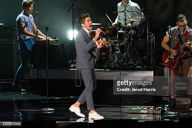 Nate Ruess of fun. Performs onstage at the 'Teachers Rock' benefit event held at Nokia Theatre L.A. Live on August 14, 2012 in Los Angeles,...