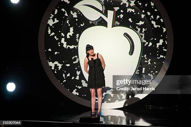 Pauley Perrette speaks onstage at the 'Teachers Rock' benefit event held at Nokia Theatre L.A. Live on August 14, 2012 in Los Angeles, California.