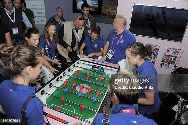 Italy's Artistic Gymnastic team visit Casa Italia during London 2012 Olympic Games at The Queen Elizabeth II Conference Centre on July 29, 2012 in...