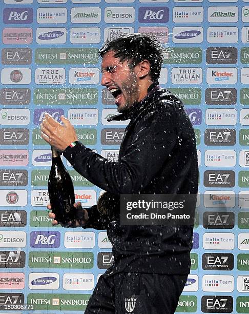 Andrea Baldiniof Italy celebrates his bronze medal in the Men's Foil Team Fencing at Casa Italia during London 2012 Olympic Games at The Queen...