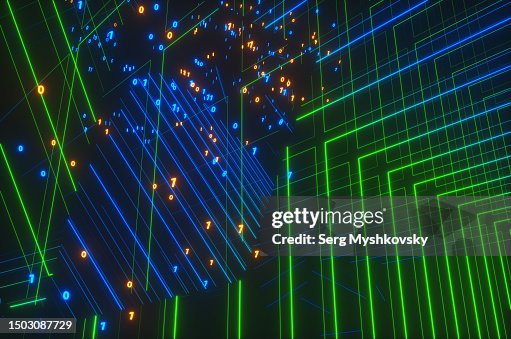 Network Rays Neural Network Or Artificial Intelligence With A Binary Code In Neon ...