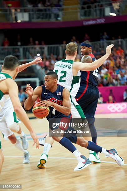 Summer Olympics: USA Russell Westbrook in action vs Lithuania during Men's Preliminary Round - Group A game at Basketball Arena. London, United...