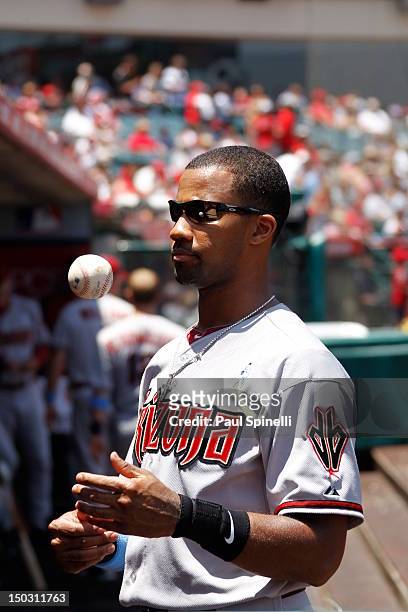 Chris Young of the Arizona Diamondbacks looks on before the game against the Los Angeles Angels of Anaheim on Sunday, June 17, 2012 at Angel Stadium...