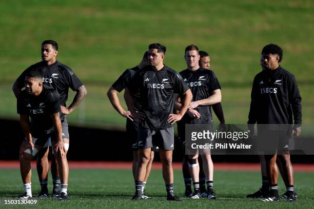 Anton Lienert-Brown looks on during a New Zealand All Blacks training session at Mt Smart Stadium on June 28, 2023 in Auckland, New Zealand.