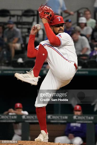 Grant Anderson of the Texas Rangers pitches during the ninth inning against the Detroit Tigers at Globe Life Field on June 27, 2023 in Arlington,...