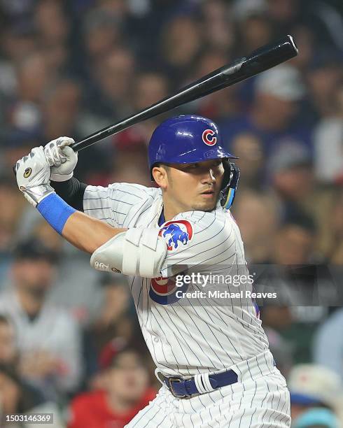 Seiya Suzuki of the Chicago Cubs at bat during the seventh inning against the Philadelphia Phillies at Wrigley Field on June 27, 2023 in Chicago,...