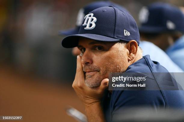 Manager Kevin Cash of the Tampa Bay Rays looks on from the dugout during the third inning against the Arizona Diamondbacks at Chase Field on June 27,...