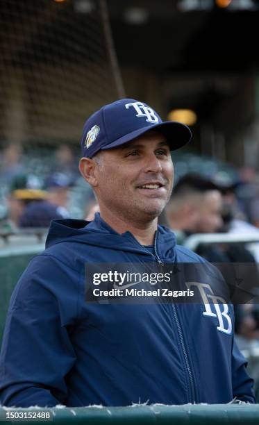 Manager Kevin Cash of the Tampa Bay Rays in the dugout before the game against the Oakland Athletics at RingCentral Coliseum on June 12, 2023 in...