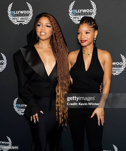 Chlöe and Halle Bailey attend the Hollywood Unlocked 3rd Annual Impact Awards at The Beverly Hilton on June 27, 2023 in Beverly Hills, California.