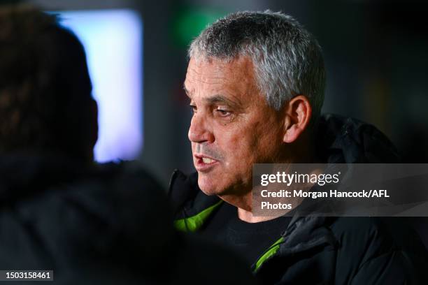 Hall of Fame inductee Mark Williams speaks to media during a 2023 Australian Football Hall of Fame Media Opportunity at Marvel Stadium on June 28,...