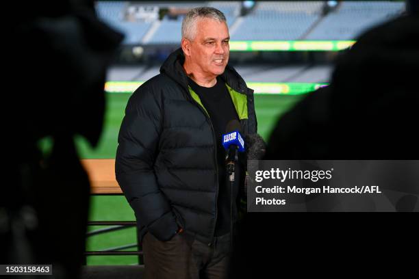 Hall of Fame inductee Mark Williams speaks to media during a 2023 Australian Football Hall of Fame Media Opportunity at Marvel Stadium on June 28,...