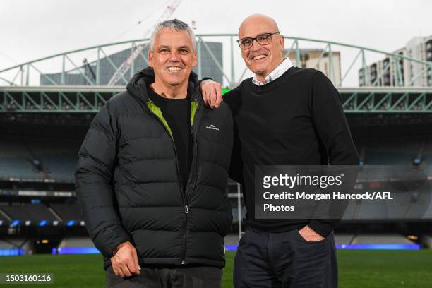 Hall of Fame inductees Mark Williams and Michael Aish pose during a 2023 Australian Football Hall of Fame Media Opportunity at Marvel Stadium on June...
