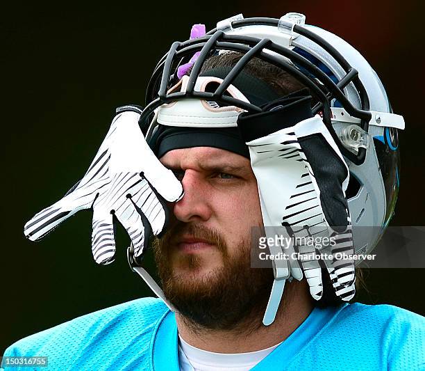Carolina Panthers linebacker Jason Phillips walks to the team's final training camp practice at Wofford College on Wednesday, August 15 in...