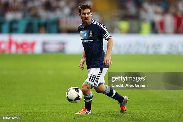 Lionel Messi of Argentina controles the ball during the international friendly match between Germany and Argentina at Commerzbank-Arena on August 15,...