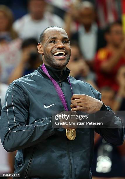 Lebron James of United States holds his gold medal after defeating Spain in the Men's Basketball gold medal game on Day 16 of the London 2012...