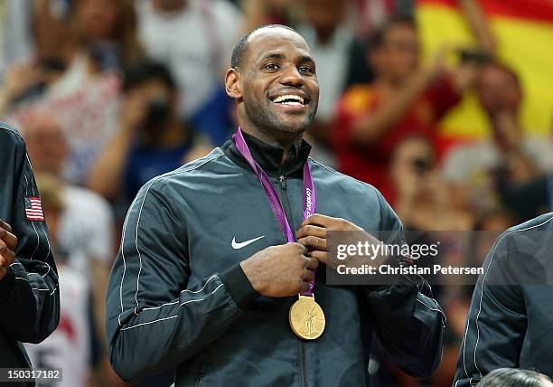Lebron James of United States holds his gold medal after defeating Spain in the Men's Basketball gold medal game on Day 16 of the London 2012...