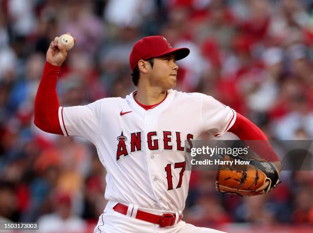 Shohei Ohtani of the Los Angeles Angels pitches during the third inning against the Chicago White Sox at Angel Stadium of Anaheim on June 27, 2023 in...