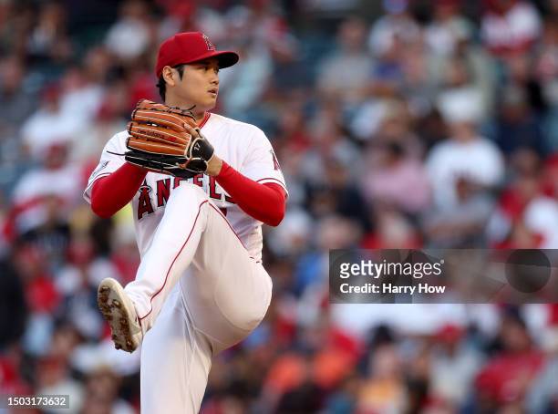 Shohei Ohtani of the Los Angeles Angels pitches during the third inning against the Chicago White Sox at Angel Stadium of Anaheim on June 27, 2023 in...