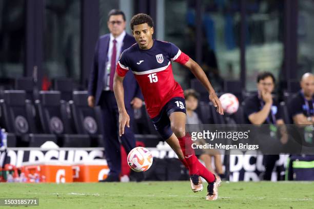 Yunior Pérez of Cuba controls the ball against Guatemala during the second half at DRV PNK Stadium on June 27, 2023 in Fort Lauderdale, Florida.