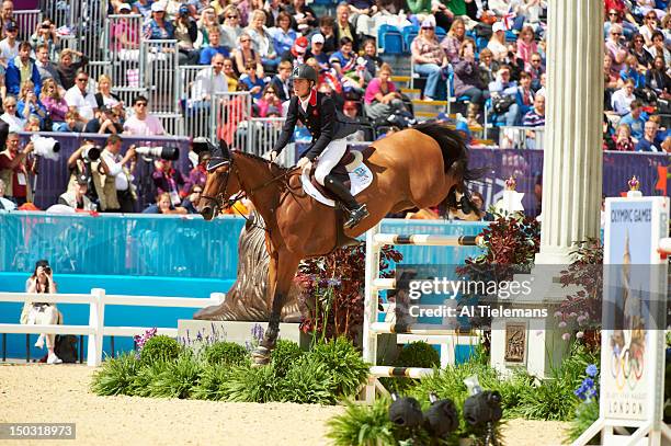 Summer Olympics: Great Britain Scott Brash in action aboard Hello Sanctos during Men's Jumping Qualifying Round at Greenwich Park. London, United...