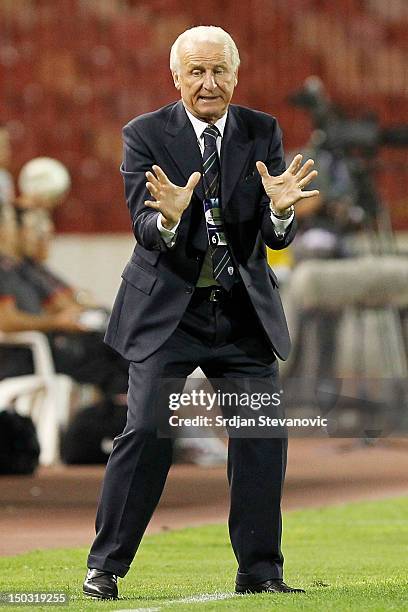 Coach Giovanni Trapatonni of Republic of Ireland looks on during the International friendly between Serbia and Republic of Ireland at Stadium...