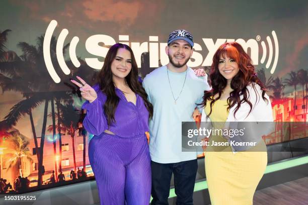 Jenicka Lopez, Johnny Lopez and Jacquelin Marin Rivera visit SiriusXM Studios on June 27, 2023 in Miami Beach, Florida.