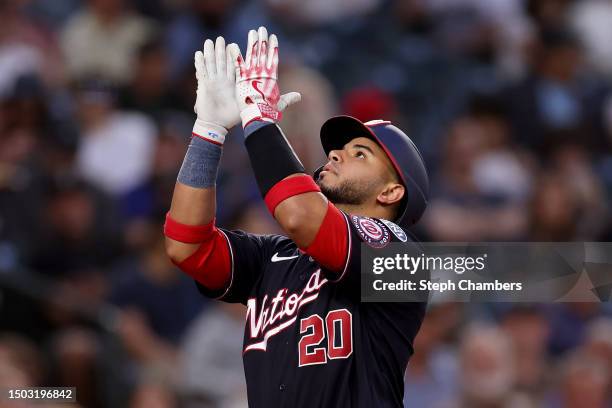 Keibert Ruiz of the Washington Nationals reacts after his home run during the eighth inning against the Seattle Mariners at T-Mobile Park on June 27,...