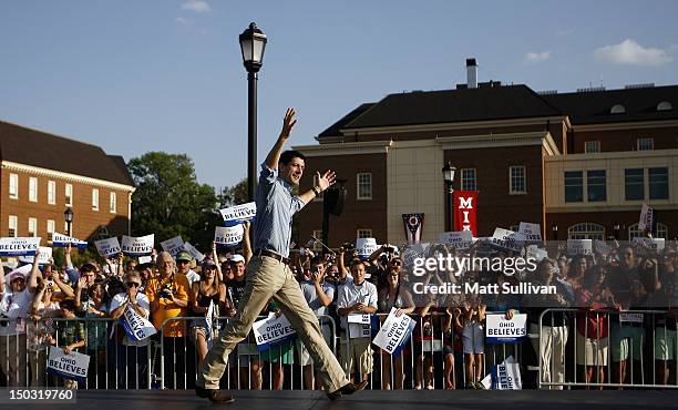 Republican vice presidential candidate U.S. Rep. Paul Ryan arrives at a campaign event at Miami University on August 15, 2012 in Oxford, Ohio. Ryan...