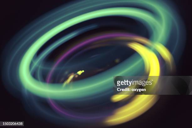 abstract metaverse swirl futuristic radial  green yellow crossed circles. blue glowing tunnel  light neon network motion on black background - cross golf stockfoto's en -beelden
