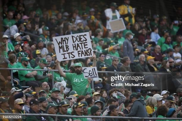 Fans of the Oakland Athletics take part in a reverse boycott during the game against the Tampa Bay Rays at RingCentral Coliseum on June 13, 2023 in...