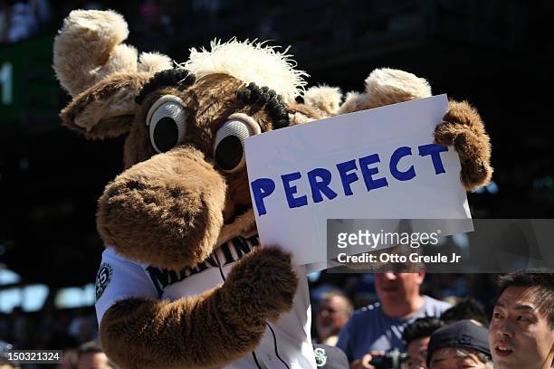 The Seattle Mariners moose mascot holds a sign after starting pitcher Felix Hernandez threw a perfect game against the Tampa Bay Rays at Safeco Field...