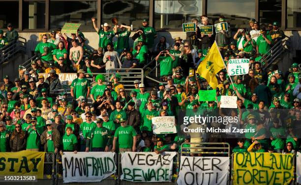Fans of the Oakland Athletics take part in a reverse boycott during the game against the Tampa Bay Rays at RingCentral Coliseum on June 13, 2023 in...