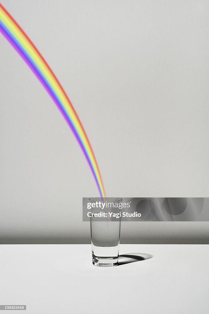 The cup filled with water and a rainbow