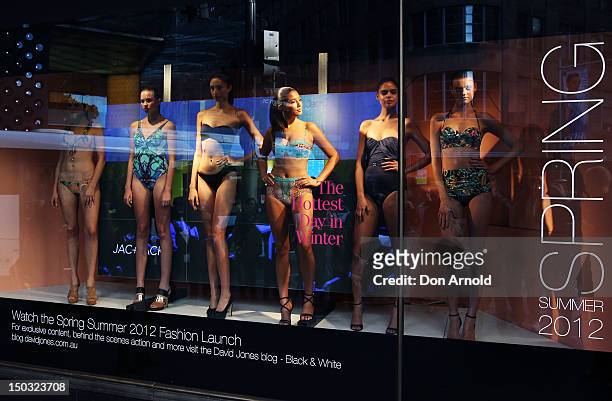 Models showcase designs as part of the David Jones Hottest Day In Winter Swimwear display at David Jones Elizabeth Street Store on August 16, 2012 in...