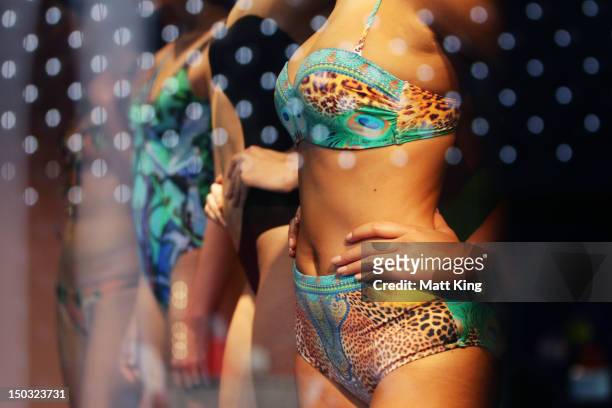 Jessica Gomes showcases swimwear designs at the David Jones Elizabeth Street Store on August 16, 2012 in Sydney, Australia.