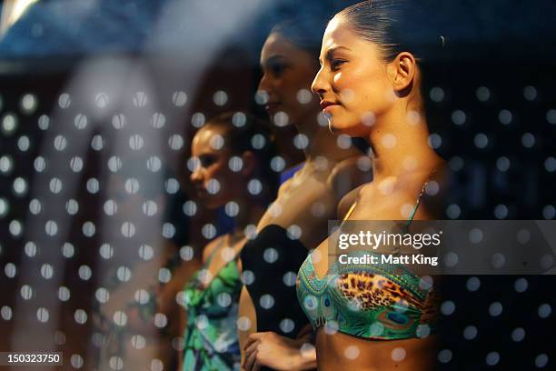 Jessica Gomes showcases swimwear designs at the David Jones Elizabeth Street Store on August 16, 2012 in Sydney, Australia.