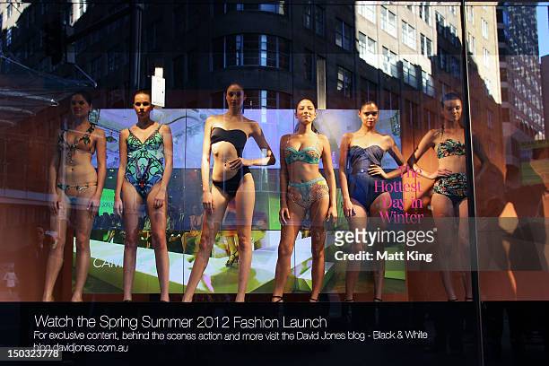Models showcase swimwear designs at the David Jones Elizabeth Street Store on August 16, 2012 in Sydney, Australia.